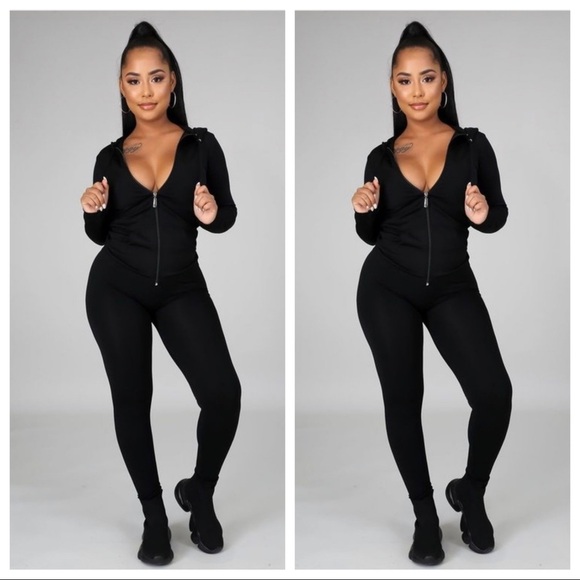 NEW FALL TRENDY BLACK TWO PIECE ZIP HOODIE LEGGINGS SET - Picture 1 of 5